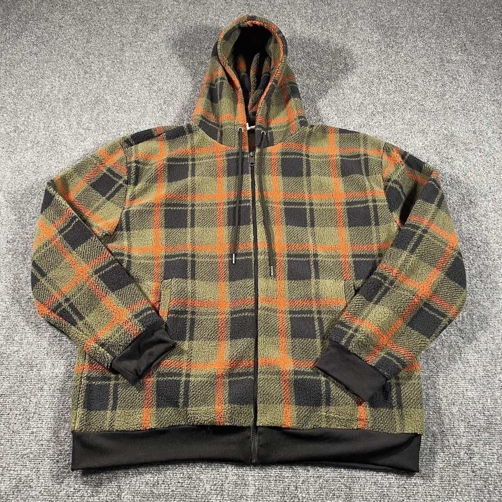 Earthbound Trading Company Full Zip Plaid Sherpa Hoodie Mens 2XL High Pile Retro